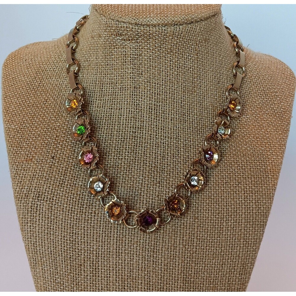 Vintage Goldtone Floral Link Multicolor Rhinestone Statement Necklace 17 in